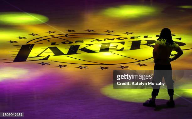 Montrezl Harrell of the Los Angeles Lakers looks on before the game against the Brooklyn Nets at Staples Center on February 18, 2021 in Los Angeles,...