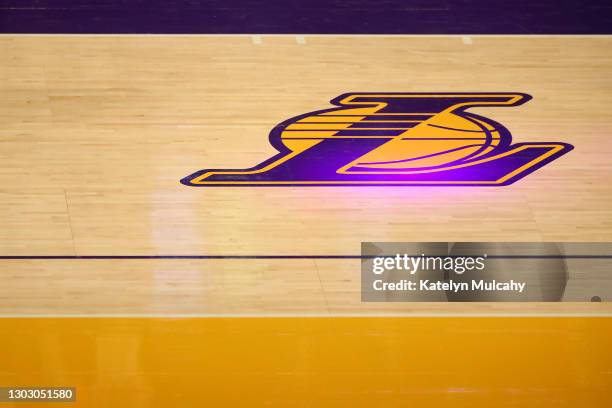 General view of the Los Angeles Lakers logo on the court during the fourth quarter of the game between the Los Angeles Lakers and the Brooklyn Nets...
