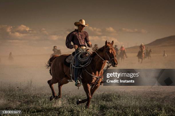 i förgrunden, en ung cowboy på sin häst under loppet av hästarna och, i bakgrunden, en grupp på åtta cowboys och cowgirls som övervakar hästarnas körning. - cowboy bildbanksfoton och bilder