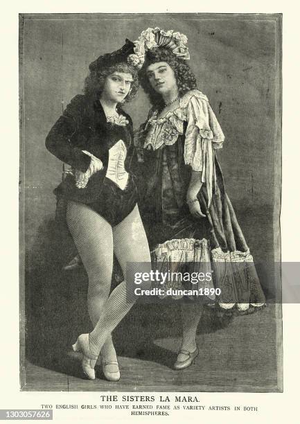 victorian variety artists, the sisters la mara, 1890s, 19th century - burlesque style stock illustrations