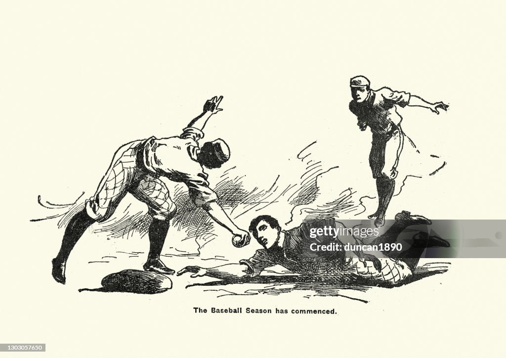 Base runner being tagged out, Victorian baseball match, 1890s