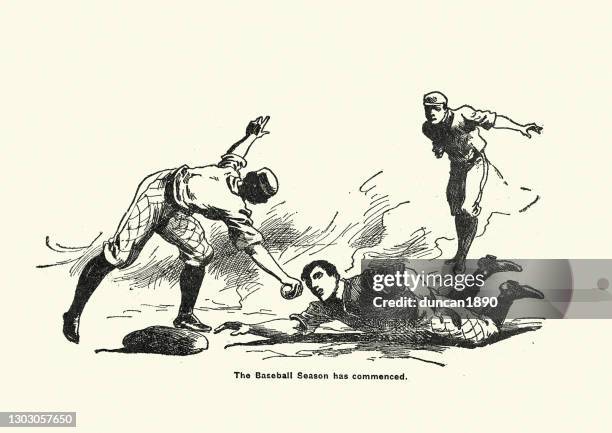 base runner being tagged out, victorian baseball match, 1890s - vintage baseball stock illustrations