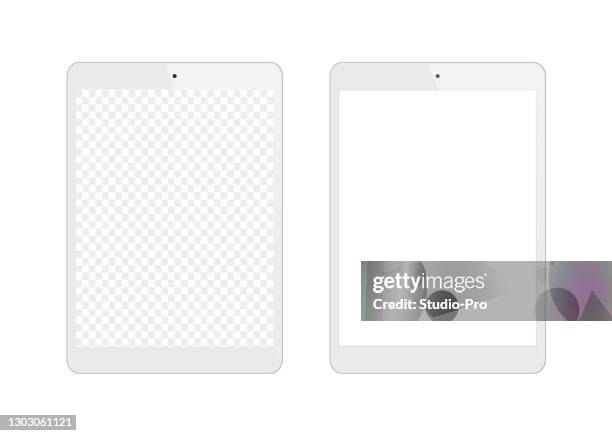 stockillustraties, clipart, cartoons en iconen met nieuwe versie van slanke tablet vergelijkbaar met ipad met leeg wit en transparant scherm. realistische vectorillustratie. - tablet