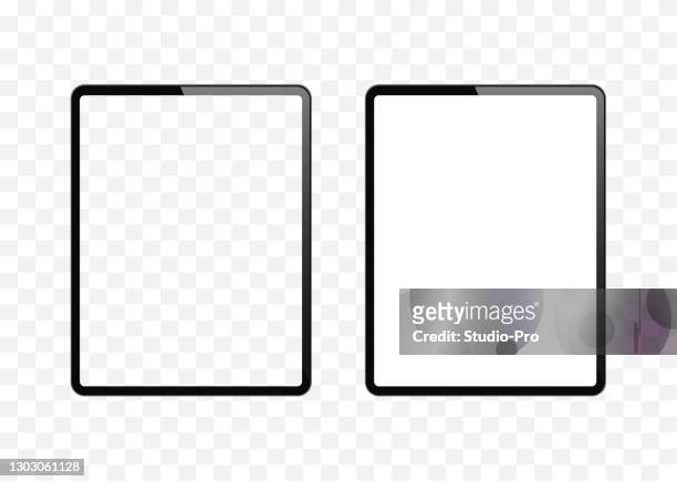 illustrazioni stock, clip art, cartoni animati e icone di tendenza di nuova versione di tablet sottile simile all'ipad con schermo bianco vuoto e trasparente. illustrazione vettoriale realistica. - sfondo bianco