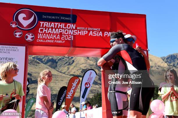 Braden Currie and Kyle Smith congratulate each other after placing first and second in Challenge Wanaka on February 20, 2021 in Wanaka, New Zealand.