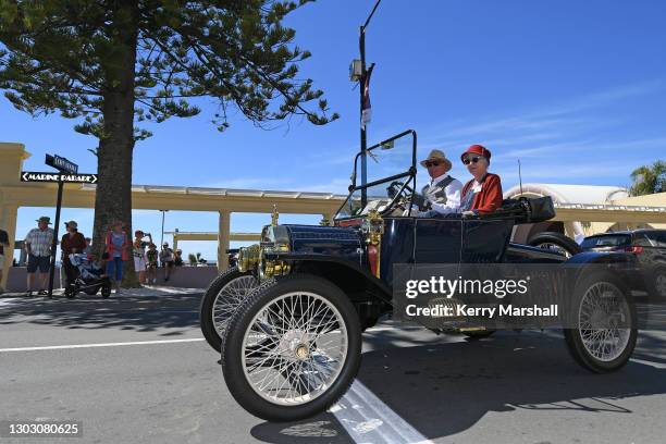 Vintage cars on parade as thousands of people turn out to celebrate Art Deco on February 20, 2021 in Napier, New Zealand, even though the festival...