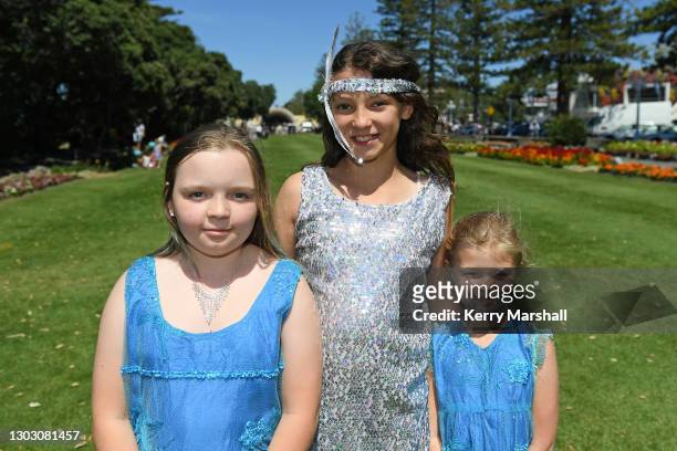 Young children in costume pose for a photo as thousands of people turn out to celebrate Art Deco on February 20, 2021 in Napier, New Zealand, even...