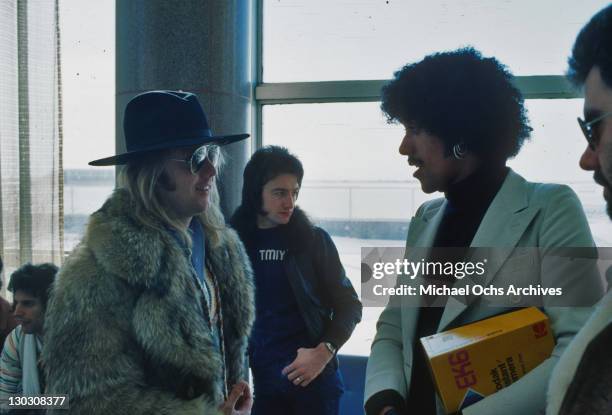 Musicians Freddie Mercury , Roger Taylor and John Deacon of British rock band Queen with Phil Lynott of Thin Lizzy during the 'Queen Lizzy tour' of...