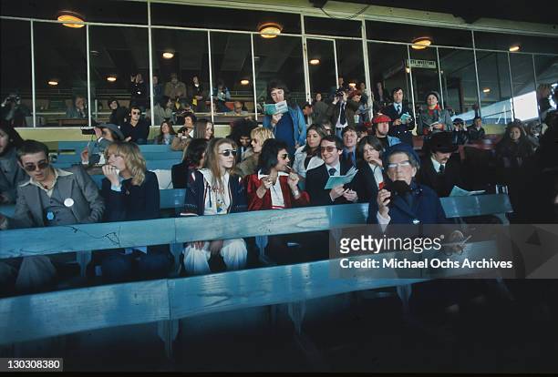 Musicians Brian May, John Deacon, Roger Taylor and Freddie Mercury of British rock band Queen at Kempton Park Racecourse in Surrey, to promote their...