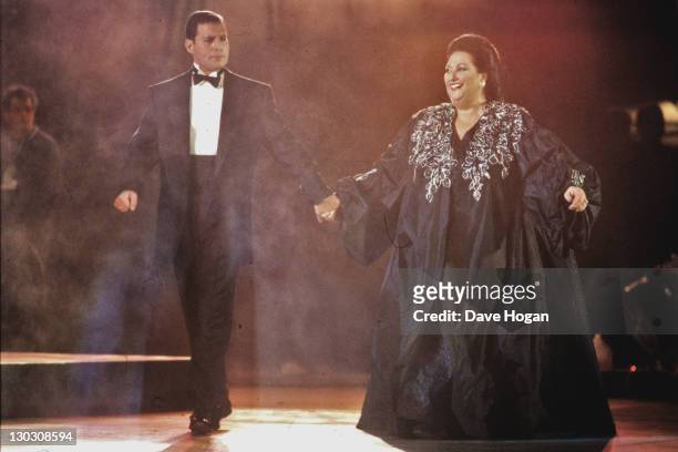 Singers Freddie Mercury of British rock band Queen and Montserrat Caballe perform a duet at La Nit, in Barcelona's Castle Square, for the 1992...