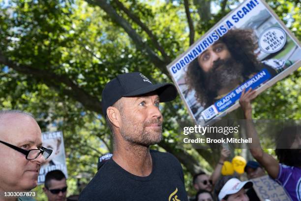 Pete Evans is seen at an anti-vaccination rally at Hyde Park on February 20, 2021 in Sydney, Australia. Evans is a controversial celebrity chef and...