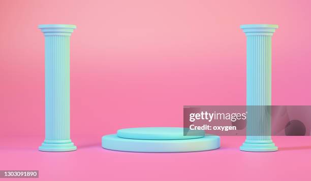 teal ancient column and pedestal on pink background, 3d renderin - estatua griega fotografías e imágenes de stock