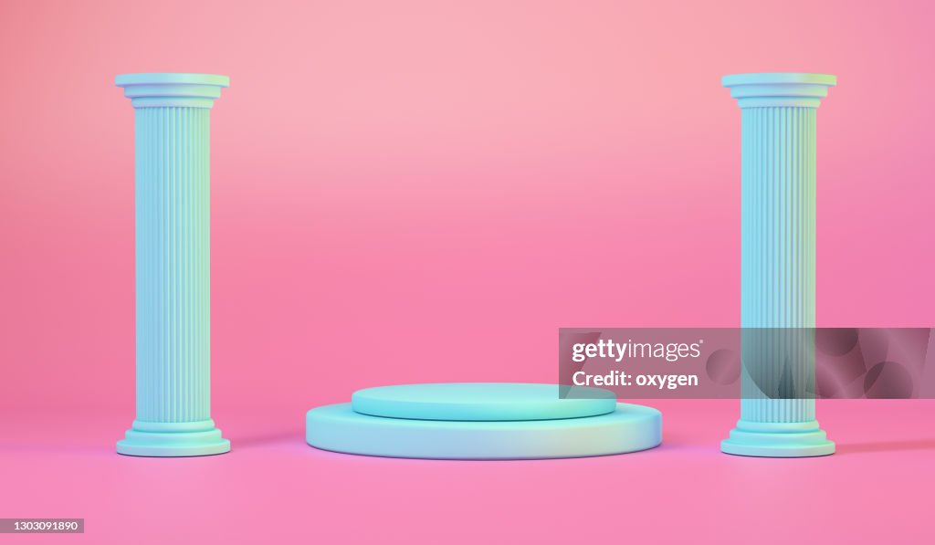 Teal Ancient Column and Pedestal on Pink Background, 3D Renderin