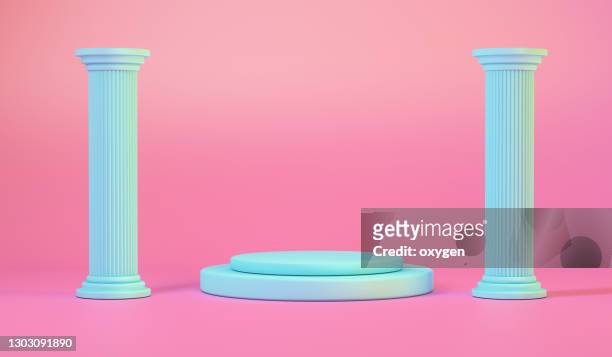 teal ancient column and pedestal on pink background, 3d renderin - doric arches stock pictures, royalty-free photos & images