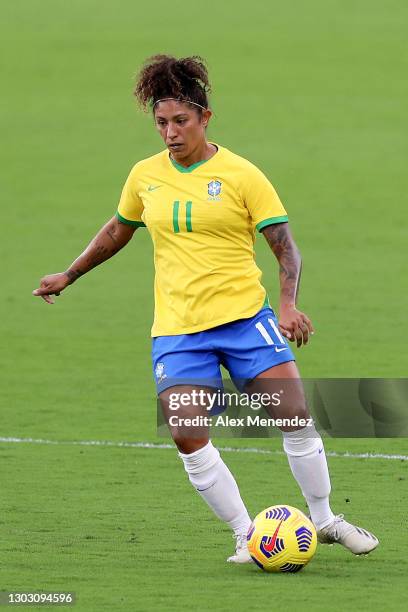 Cristiane of Brazil controls the ball against Argentina during the SheBelieves Cup at Exploria Stadium on February 18, 2021 in Orlando, Florida.