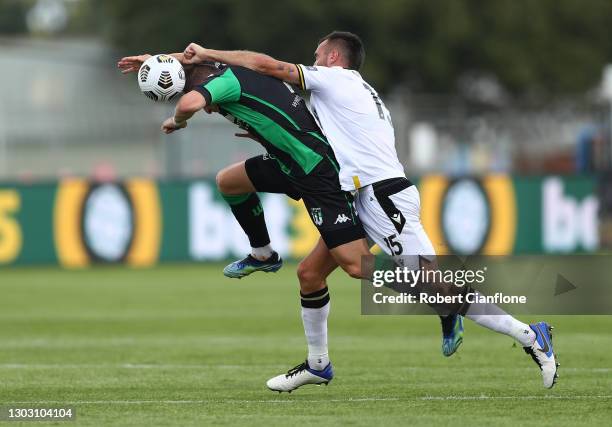 Besart Berisha of Western United is challenged by Aleksandar Susnjar of Macarthur FC during the A-League match between Western United and Macarthur...