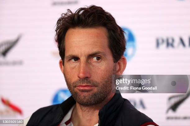 Sir Ben Ainslie of INEOS Team UK speaks to media after winning race six of the Prada Cup final on Auckland Harbour on February 20, 2021 in Auckland,...