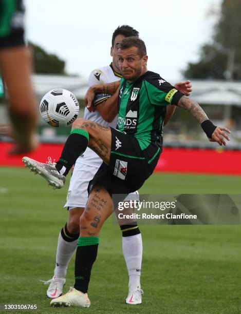 Alessandro Diamanti of Western United is challenged by Benat Etxebarria of Macarthur FC during the A-League match between Western United and...