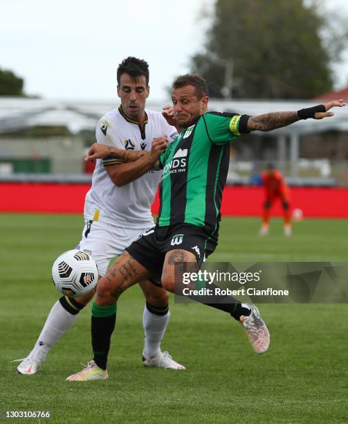 Alessandro Diamanti of Western United is challenged by Benat Etxebarria of Macarthur FC during the A-League match between Western United and...