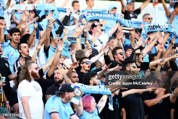 Fans in The Cove chant during the A-League match between Sydney FC and the Brisbane Roar at Netstrata Jubilee Stadium, on February 20 in Sydney,...