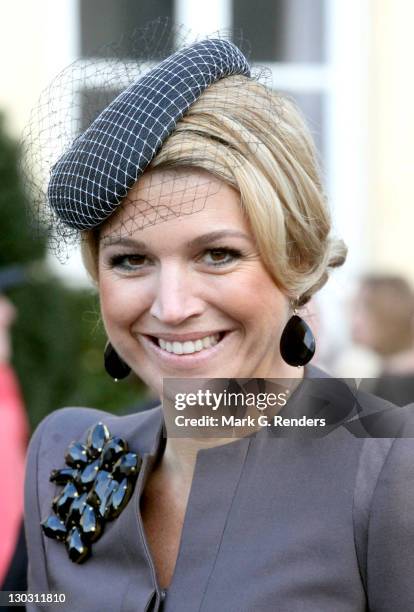 Princess Maxima of the Netherlands smiles after the Royal Wedding of Princess Annemarie Gualtherie van Weezel and Prince Carlos de Bourbon de Parme...
