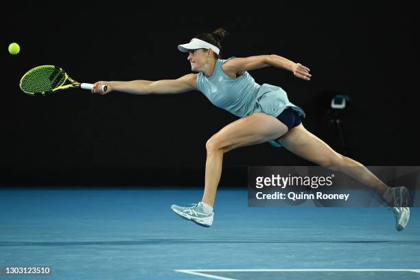 Jennifer Brady of the United States plays a forehand in her Women’s Singles Final match against Naomi Osaka of Japan during day 13 of the 2021...