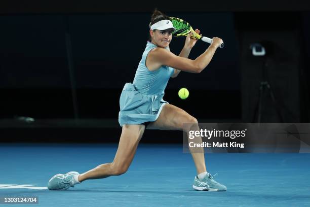 Jennifer Brady of the United States plays a backhand in her Women’s Singles Final match against Naomi Osaka of Japan during day 13 of the 2021...