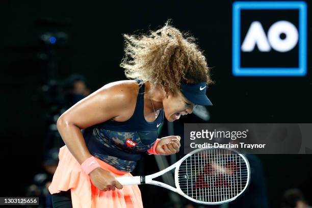 Naomi Osaka of Japan celebrates winning a point in her Women’s Singles Final match against Jennifer Brady of the United States during day 13 of the...