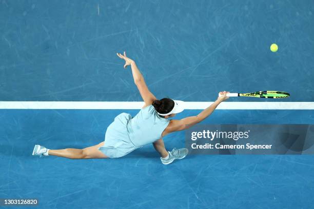 Jennifer Brady of the United States plays a forehand in her Women’s Singles Final match against Naomi Osaka of Japan during day 13 of the 2021...