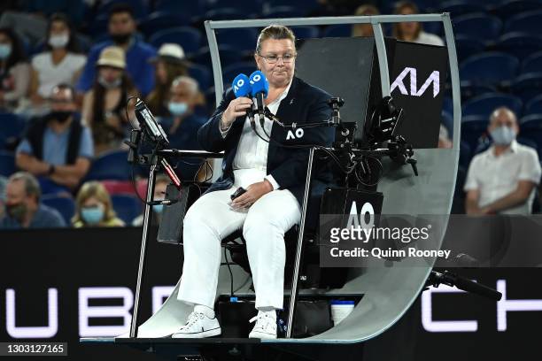 Chair umpire Alison Hughes looks on during the Women’s Singles Final match between Naomi Osaka of Japan and Jennifer Brady of the United States...