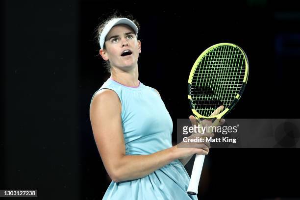 Jennifer Brady of the United States reacts in her Women’s Singles Final match against Naomi Osaka of Japan during day 13 of the 2021 Australian Open...