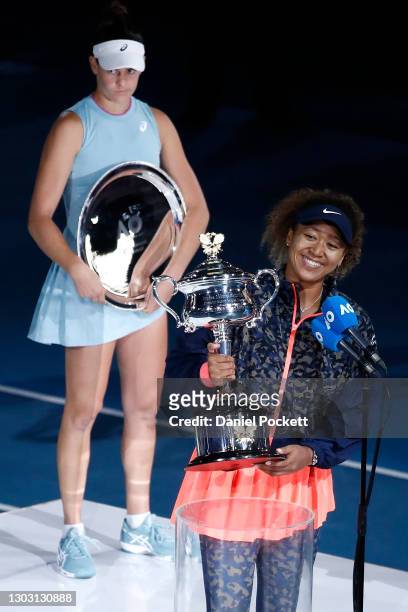Naomi Osaka of Japan poses with the Daphne Akhurst Memorial Cup after winning her Women’s Singles Final match against Jennifer Brady of the United...