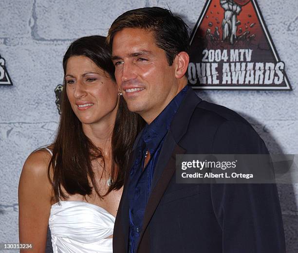 Jim Caviezel and wife Kerri Browitt during MTV Movie Awards 2004 - Arrivals at Sony Pictures Studios in Culver City, California, United States.