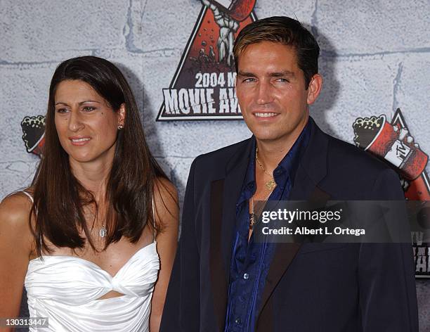 Jim Caviezel and wife Kerri Browitt during MTV Movie Awards 2004 - Arrivals at Sony Pictures Studios in Culver City, California, United States.