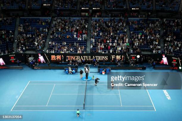 Naomi Osaka of Japan celebrates winning championship point in her Women’s Singles Final match against Jennifer Brady of the United States during day...