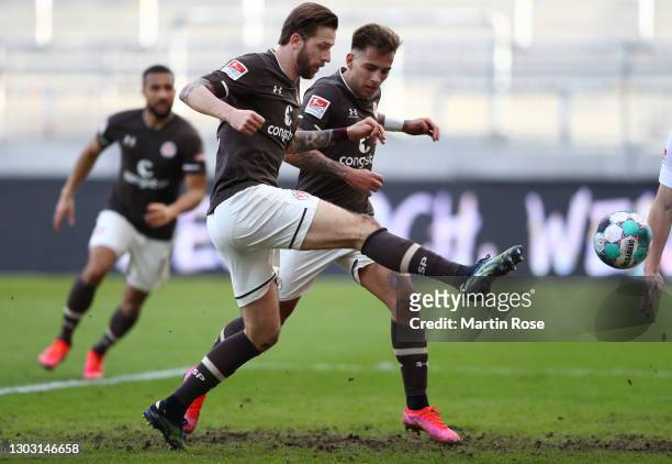 Guido Burgstaller of FC St. Pauli scores his team's first goal during the Second Bundesliga match between FC St. Pauli and SV Darmstadt 98 at...