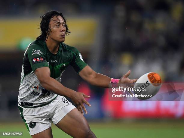 Jarome Luai of the Maori All Stars passes the ball during the NRL All Stars game between the Indigenous and the Maori Men's at Queensland Country...