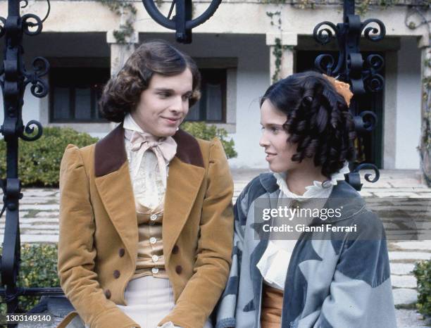 Spanish singer and actor Miguel Bose filming “Vera” together his sister Lucia Dominguin, Madrid, Spain, 1973.