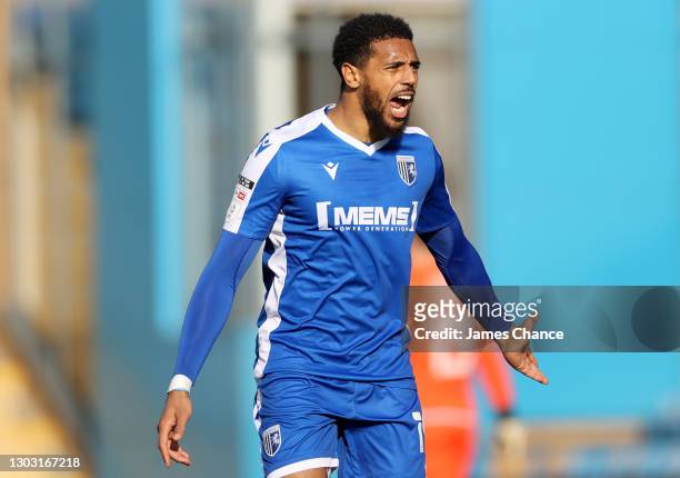 Vadaine Oliver of Gillingham FC reacts during the Sky Bet League One match between Gillingham and Bristol Rovers at MEMS Priestfield Stadium on...