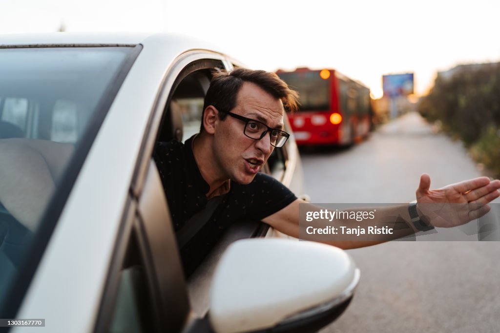 Angry driver arguing and gesturing