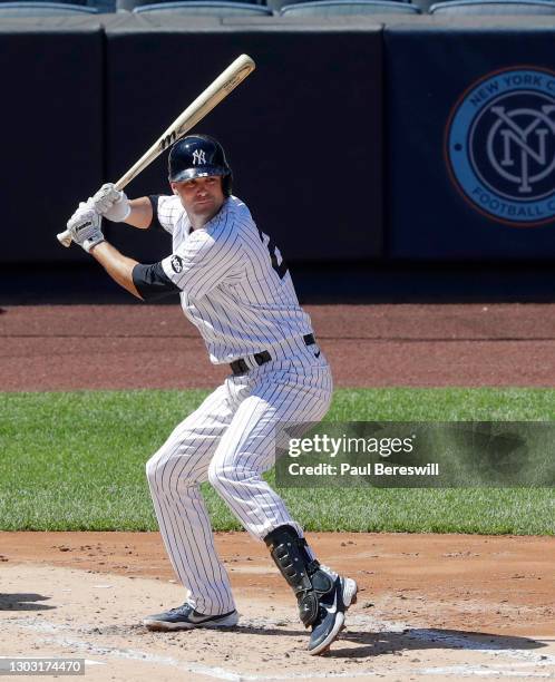 August 30: Jordy Mercer of the New York Yankees bats in game 1 of an interleague MLB baseball doubleheader against the New York Mets on August 30,...