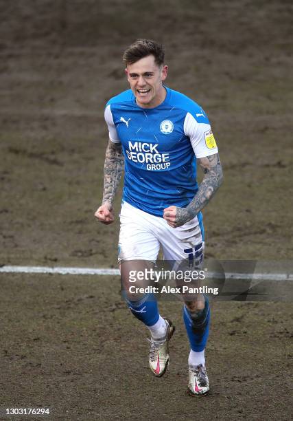 Sammie Szmodics of Peterborough United celebrates after scoring their sides first goal during the Sky Bet League One match between Peterborough...