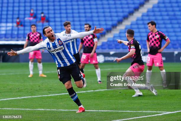 Raul de Tomas of RCD Espanyol celebrates scoring his side's first goal during the Liga Smartbank match betwen RCD Espanyol de Barcelona and CE...