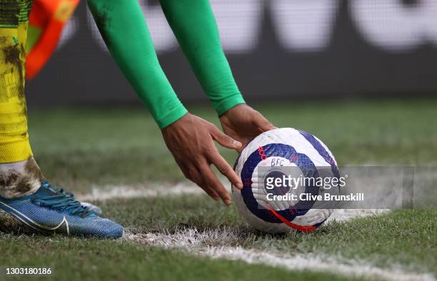Matheus Pereira of West Bromwich Albion places the blue and white Premier League Nike Flight match ball on the corner flag during the Premier League...