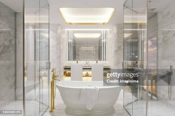 luxe wit marmeren badkamer interieur - bathroom night stockfoto's en -beelden