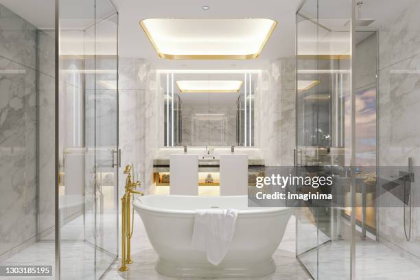 luxury white marble bathroom interior - bathroom bathtub stock pictures, royalty-free photos & images