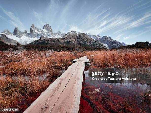 fitz roy snowy mountain scenic view panoramic background - extreme terrain stock pictures, royalty-free photos & images