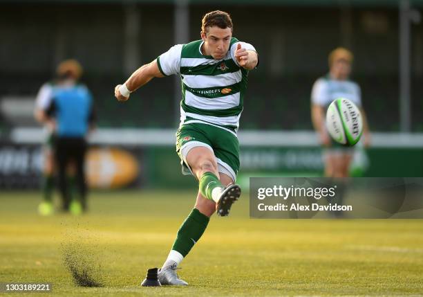 Steven Shingler of Ealing Trailfinders takes a conversion during the Trailfinders Challenge Cup match between Ealing Trailfinders and Doncaster...