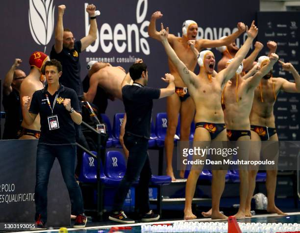 Montenegro Head Team Coach, Vladimir Gojkovic leads celebrations as his team win the shoot out to qualify for the Olympics during Day 7 of the FINA...