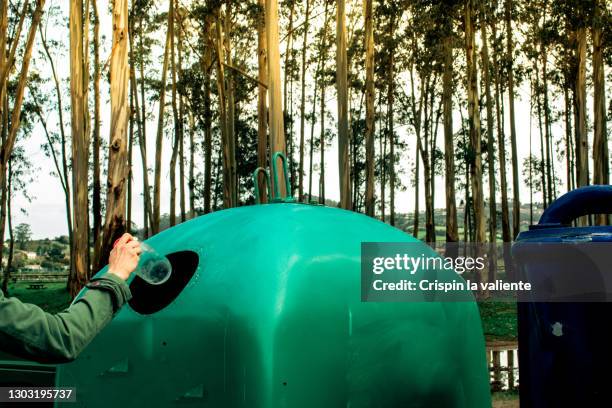 woman putting glass bottle in recycling bin - recycling fotografías e imágenes de stock
